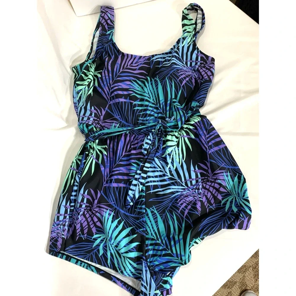 Blair Swimsuit Womens 10 One Piece Tank Black Purple Palm‎ Tropical Print Boyleg